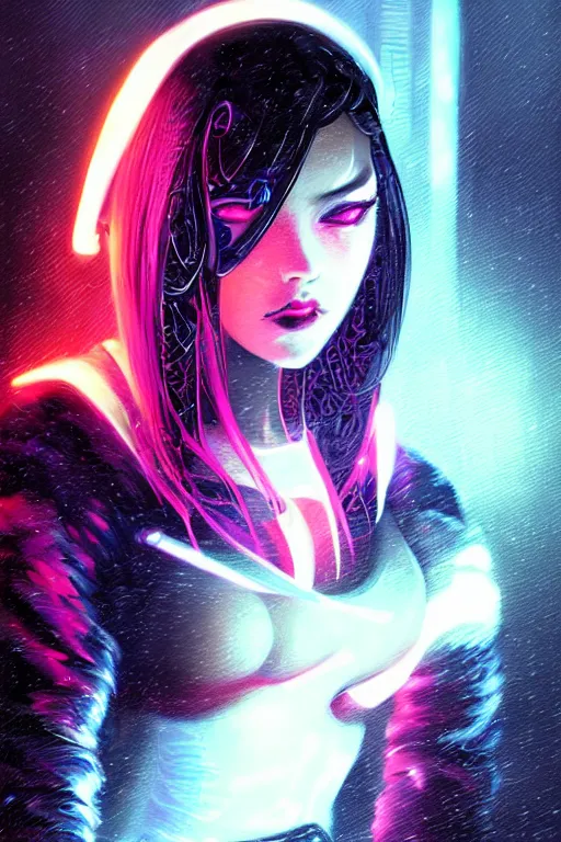 Image similar to portrait futuristic hot cyberpunk young female rouge, in futuristic stormy heavy snowy tokyo rooftop cyberpunk night, ssci-fi, fantasy, intricate, very very beautiful, elegant, neon light, highly detailed, digital painting, concept art, human anatomy, soft light, hdri, smooth, sharp focus, illustration, art by tian zi and craig mullins and WLOP and alphonse mucha