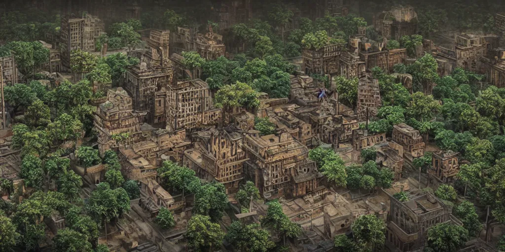 Image similar to a beautiful realistic detailed city carved in a wood, surrounded by mold and moss, photorealistic, octane render, volumetric lighting,