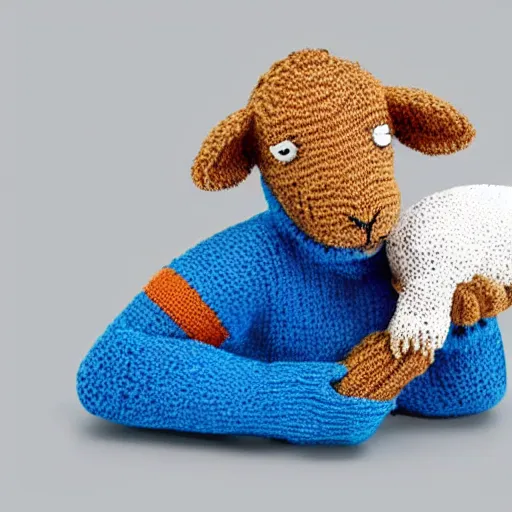 Prompt: a lamb with a blue knitted sweater hugging his mom, in the style of Leo Lionni