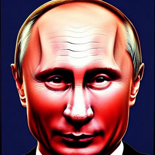 Image similar to portrait of vladimir putin in the image of the devil, with detailed goat horns, red skin and a frightened face his legs are like those of a goat