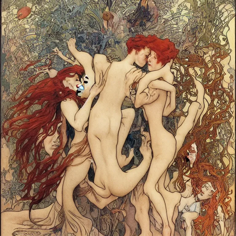 Prompt: A woman with red hair stands and hugs a blonde Anton Pieck,Jean Delville, Amano,Yves Tanguy, Alphonse Mucha, Ernst Haeckel, Edward Robert Hughes,Stanisław Szukalski and Roger Dean