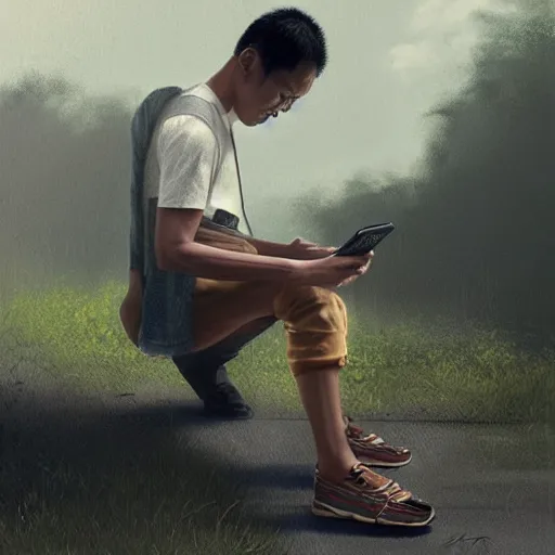 Image similar to indonesian guy doing squat on the side of a road looking at his phone and smoking a cigarette, highly detailed, deep focus, elegant, digital painting, sharp focus, ultra realistic, 8 k, art by greg rutkowski