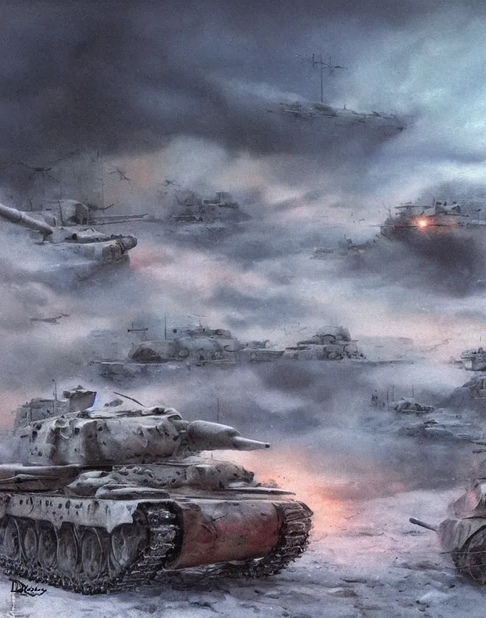 Prompt: Concept art of random World War 2 cinematic scenes in winter, german and soviet soldiers into a heavy snow storm, some tanks and buildings destroyed, blue sky, mist, boixcar style, matte painting, vaporwave vaporwave vaporwave watercolor cover art with warm and vibrant colors, volumetric light, oil on canvas art by Donato Giancola, award-winning masterpiece with incredible and beautiful details digital art, trending on artstation, smooth, 4K