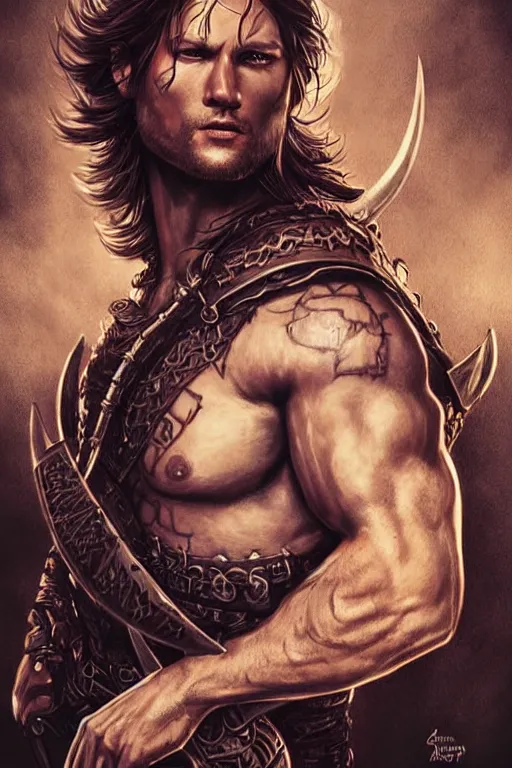 Image similar to book cover illustration style, front portrait of attractive sam winchester as a viking warrior, clothes torn apart, muscular chest tattooed with runes and symbols, d & d!, fantasy style, sharp focus!, ultra detailed, art by artgerm and peter andrew jones, wlop