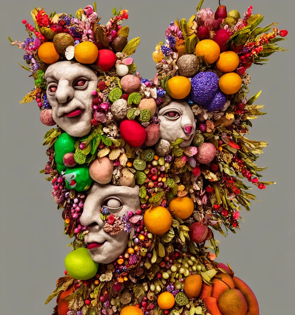 Prompt: headshot of a trickster nature spirit, head made of fruit gems and flowers in the style of arcimboldo, fragonard, photorealistic, dynamic lighting, action figure, clay sculpture, claymation, dull reddish orance cloudy background