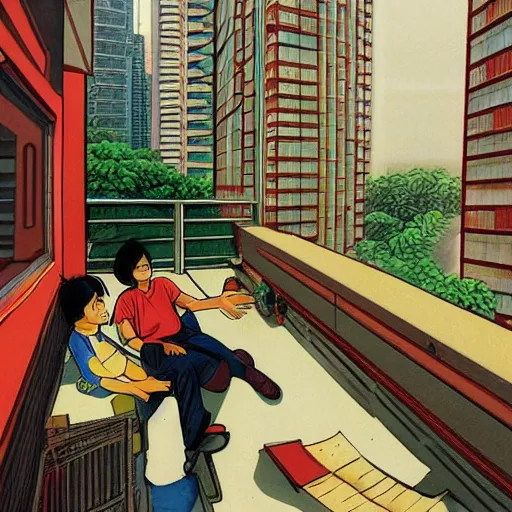 Image similar to art of two singapore students on the roof of a hdb flat, by satoshi kon