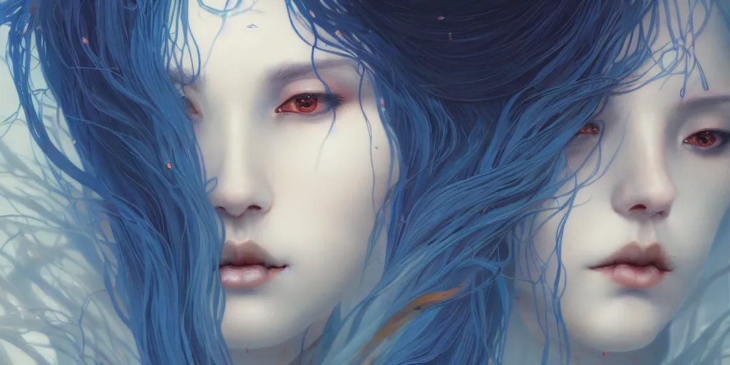Prompt: breathtaking detailed concept art painting pattern of blue hair faces goddesses amalgamation autumn leaves with anxious piercing eyes, by hsiao - ron cheng and james jean, bizarre compositions, exquisite detail, extremely moody lighting, 8 k