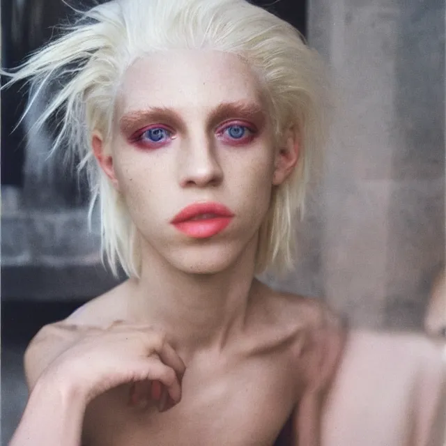 Image similar to a color photograph of a non binary model, platinum blonde, by nan goldin, intense, bold, hyperrealistic, ultra sharp, extra details, ultra high quality, trending on pinteresst