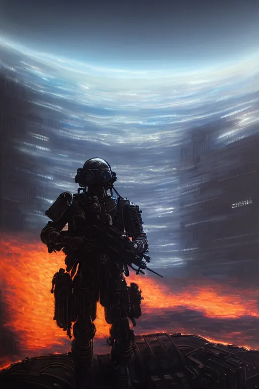 Prompt: ultra realist and ultra intricate detailed soft painting of a sci-fi armored male overlooking a burning city, symmetry features, glowing blue eyes, sensual gloomy style, volumetric clouds, military, assault rifle, artstation, unreal render, depth of field