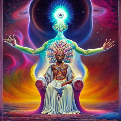 Image similar to obatala the cosmic god sitting on a throne of nebula clouds, by Adi granov and afarin sajedi and amanda sage and evgeni gordiets and Agostino Arrivabene in a psychedelic portrait style, ultrarealistic matte painting, volumetric lighting, fractal, extremely symmetrical, highly detailed face, orisha, 8k, hd