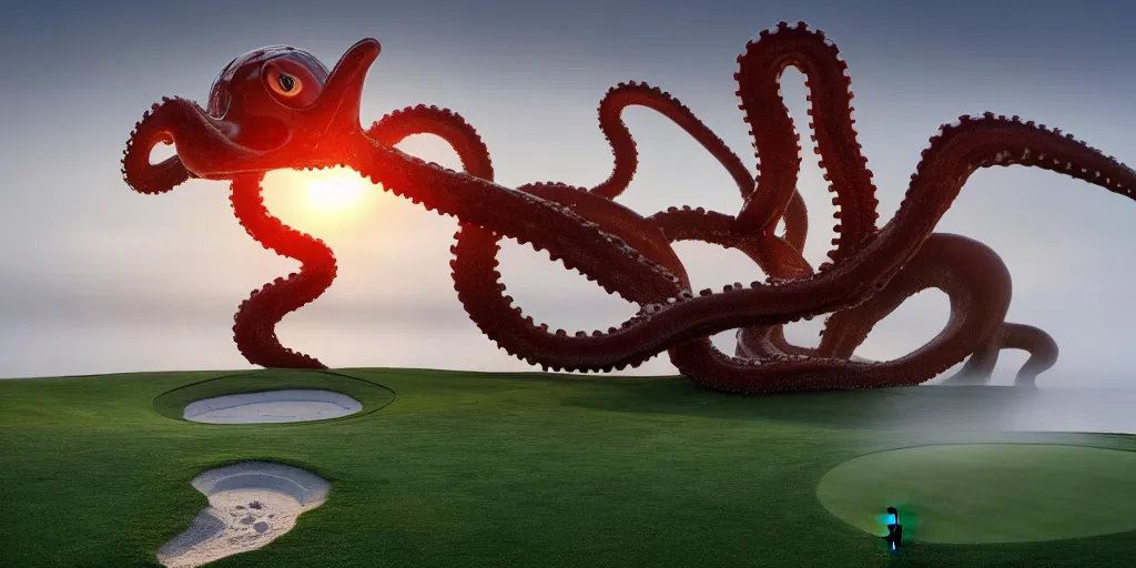 Image similar to a great photograph of the most amazing golf hole in the world, surrounded by water, giant octopus, ambient light, golf digest, top 1 0 0, fog