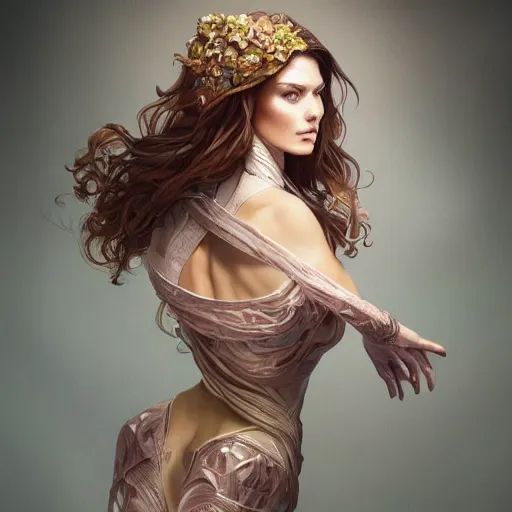 Prompt: full figure ultra realistic illustration, dominique jackson as floronic woman, intricate, elegant, highly detailed, digital painting, artstation, concept art, smooth, sharp focus, illustration, art by artgerm and greg rutkowski and alphonse mucha