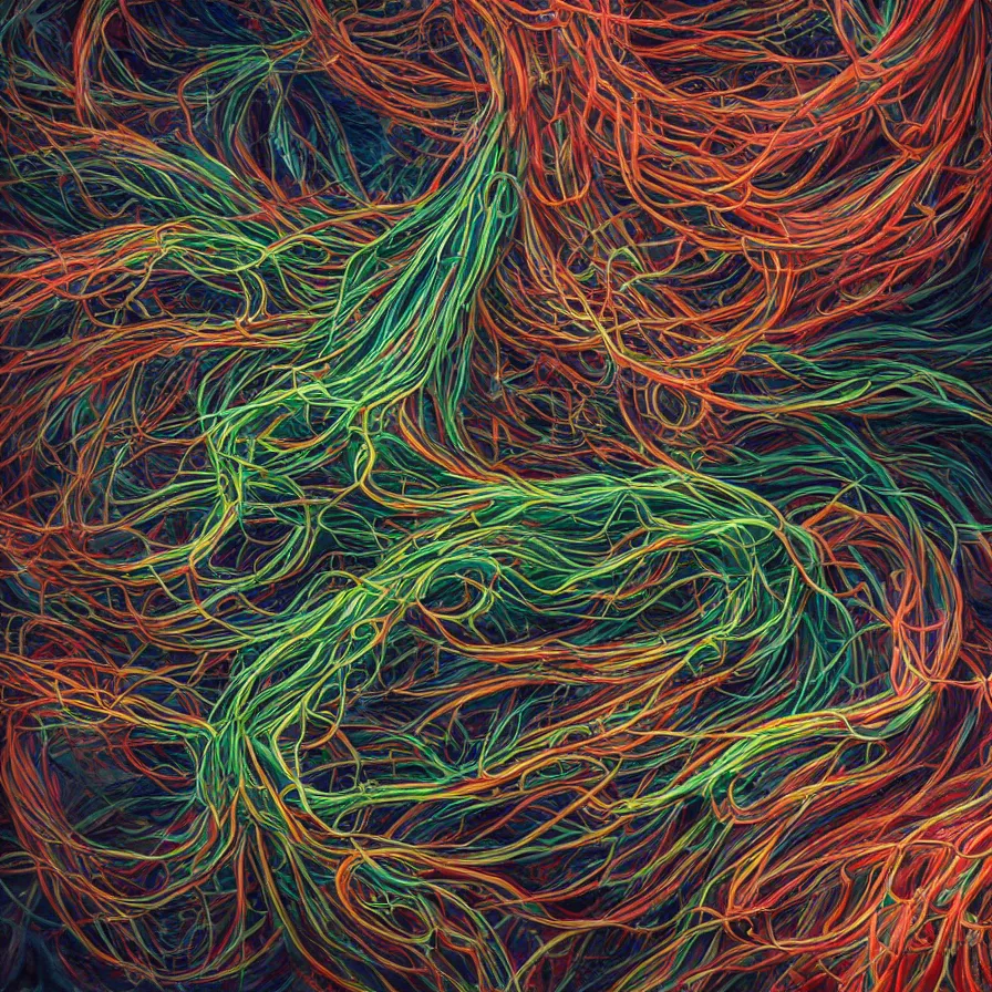 Prompt: Detailed rendering and digital dynamic painting of ginseng rhizome and tendrils dancing all around, vibrant and vivid, smooth, soft, dark, bright, heavenly, elegant, swirls, twirling, twisted, cinematic, unreal, high contrast, HDR, 4k, artstation, cgsociety, magical, mystical, mystifying, obscure, perplexing, zbrush, octane, hyperrealistic