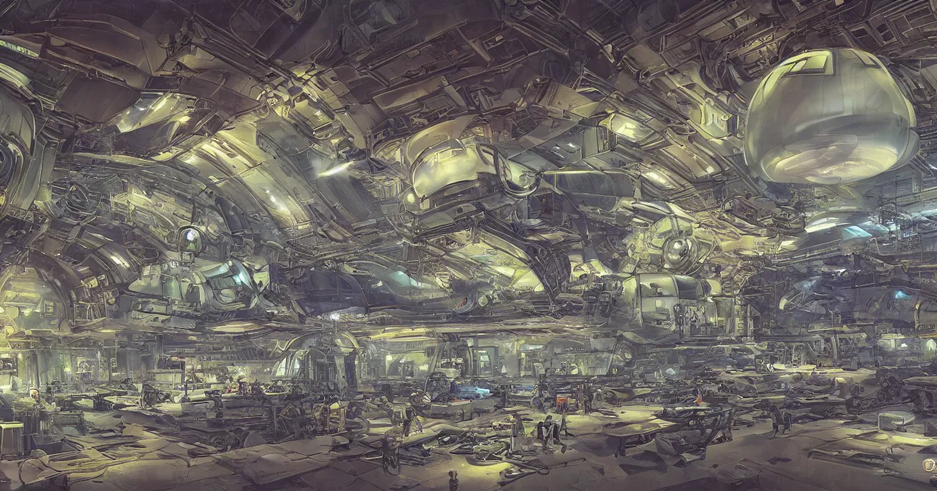Prompt: Interior of the hall in area 55, full of alien military equipment, engineers working on flying saucers, high detail, wide perspective, saturated colors, digital art, amazing concept art, by Darwin Cellis