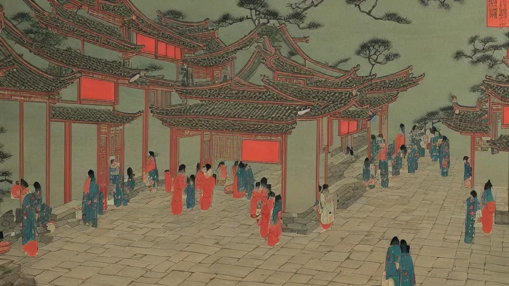 Prompt: beautiful 1 9 6 0 s painting of ancient china, miyazaki, cinematic, intricate detail