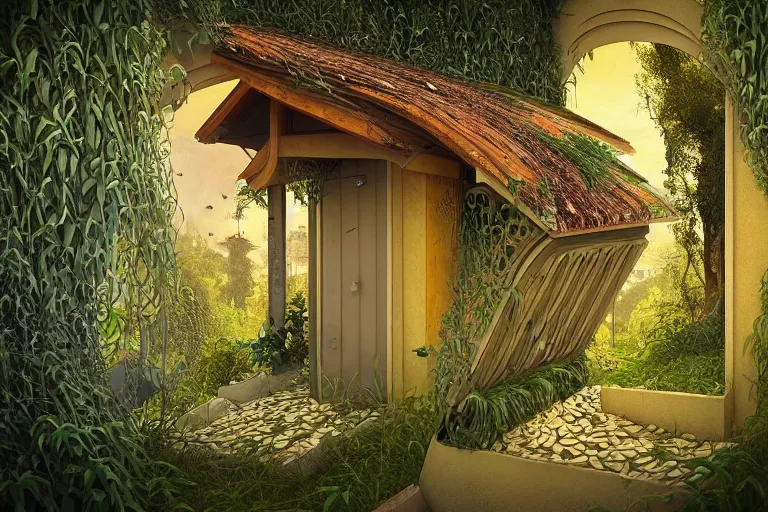 Prompt: simplicity, elegance, foliage overgrowing favela honeybee hive, art nouveau environment, award winning art, epic dreamlike fantasy landscape, ultra realistic,