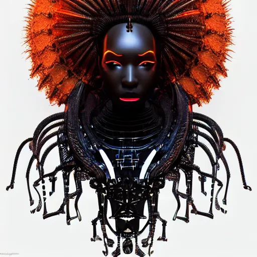 Image similar to portrait of an absurdly beautiful, graceful, sophisticated, fashionable black cyberpunk mechanoid gravure idol, hyperdetailed illustration by irakli nadar, adut akech, matt wisniewski style, intricate linework, dark black skin, lion's mane jellyfish headdress, unreal engine 5 highly rendered, global illumination, orange light, detailed and intricate environment