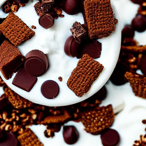 Image similar to a closeup shot of vanilla yoghurt with chocolate cereal. Highly detailed