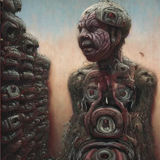 Image similar to paul blart as a mall made out of human flesh, biopunk, body horror, creative design, environmental artwork, oil on canvas, by zdzisław beksinski, marco mazzoni, peter gric