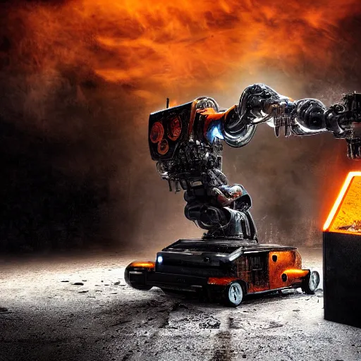 Image similar to toaster oven terminator robot, dark messy smoke - filled cluttered workshop, dark, dramatic lighting, orange tint, sparks, cinematic, highly detailed, sci - fi, futuristic, movie still