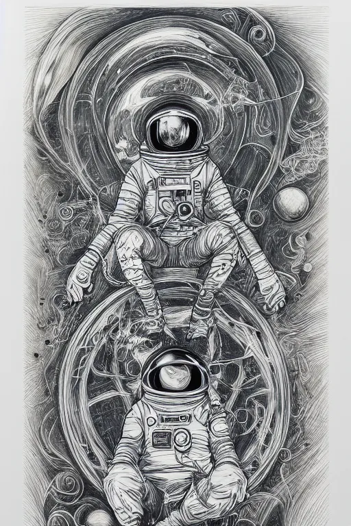 Image similar to 'meditating astronaut by Aaron Horkey, photorealism, line-drawing, water color on white paper'