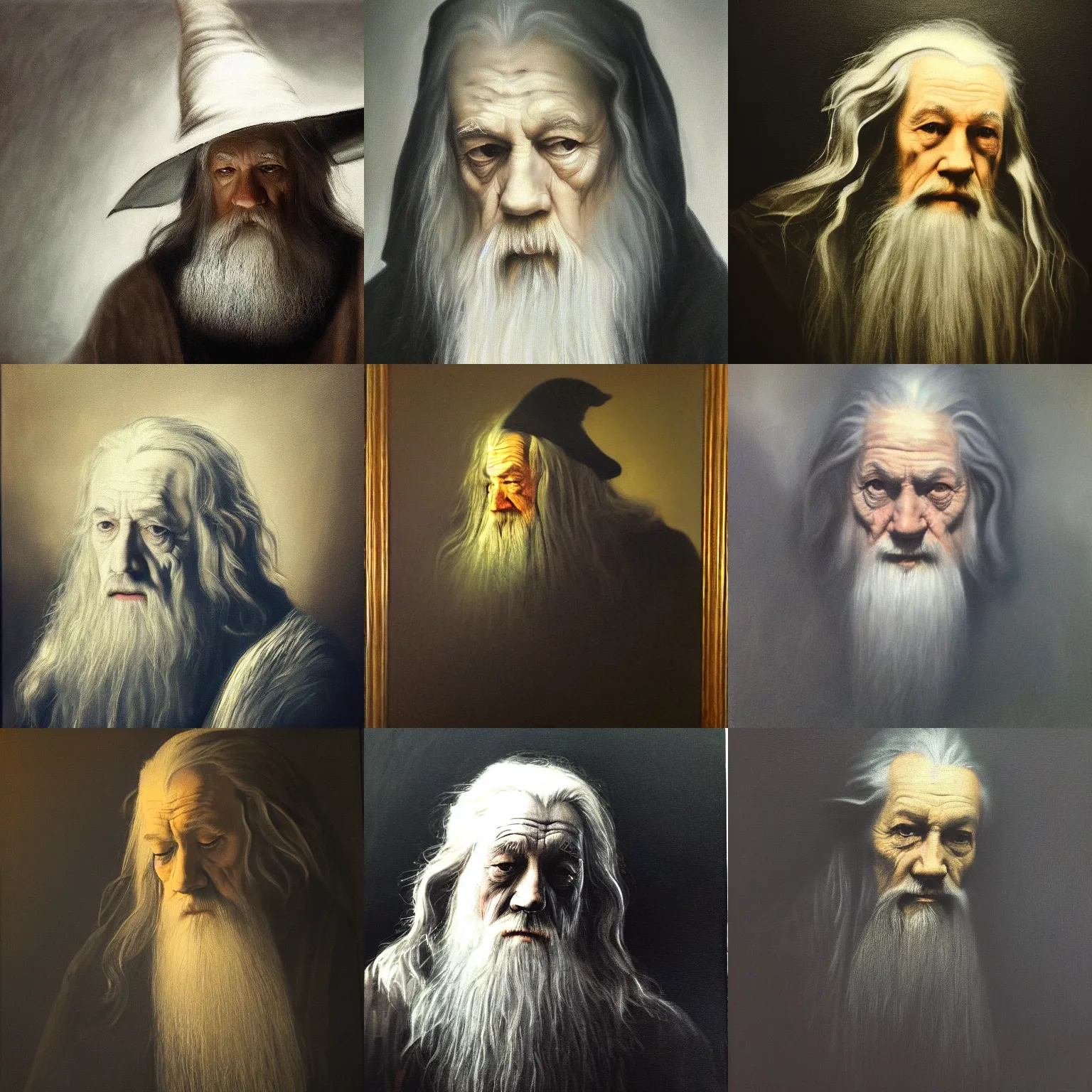 Prompt: portrait of * gandalf, the gray * ( melancholic, thoughtful ), * low key lighting *, dark bacgkground, oil canvas by rembrandt