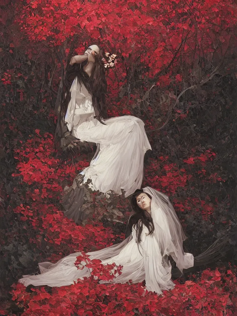 Image similar to detailed oil painting of sad bride in scary black under the god ray, red leaves on the ground, art by artgerm and greg rutkowski and alphonse mucha