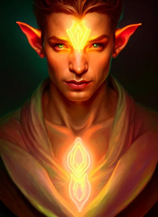 Image similar to meditative male elf rogue, dnd fantasy character portrait, glowing neon skin, magical aura, ultra realistic, intricate, elegant, highly detailed, digital painting, artstation, smooth, sharp, focus, illustration, art by artgerm and greg rutkowski and alphonse mucha