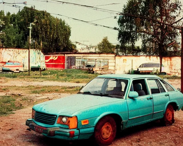 Prompt: a lomographic photo of old soviet car standing in typical soviet yard in small town, soviet suburbs on background, cinestill, bokeh, 1 9 8 0