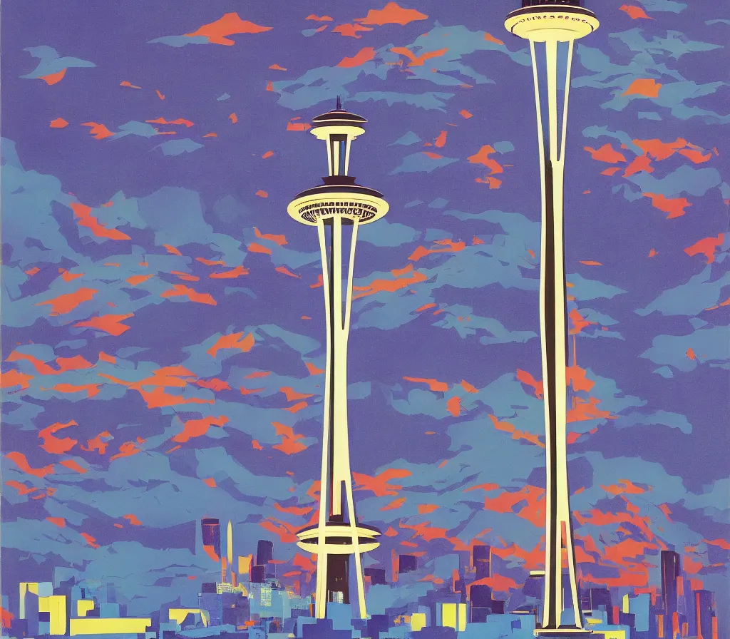 Image similar to angels over the seattle space needle, modernism, gouache, animated film, stylised, illustration, by eyvind earle, scott wills, genndy tartakovski, syd mead