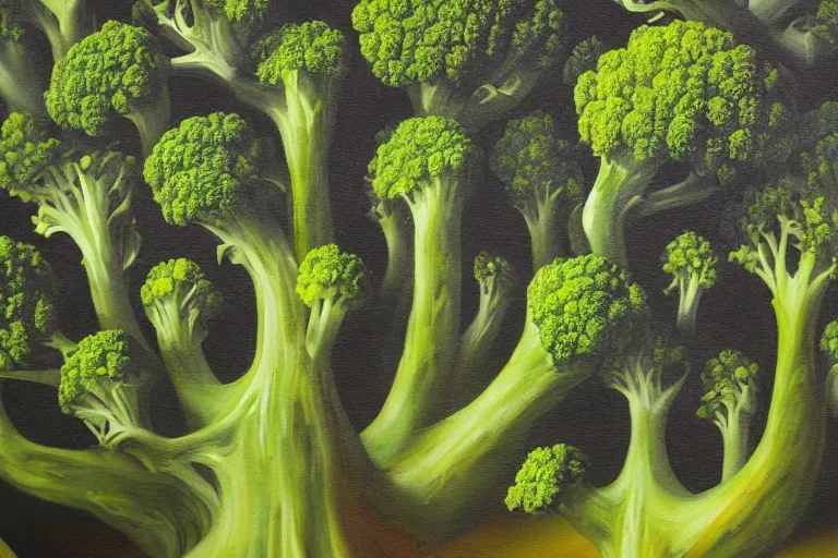Image similar to broccoli hellscape, surrealism, elegant oil painting, highly detailed