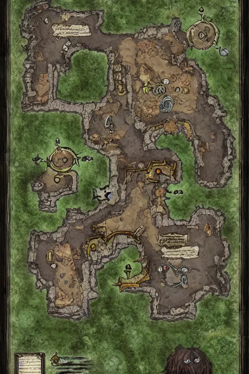 Image similar to a D&D tabletop game dungeon map with rooms, barracks, halls, with connecting caverns where at the end an ominous waterfall and pool reside, high quality, hd, WOTC, Roll20, Wonderdraft, Inkarnate