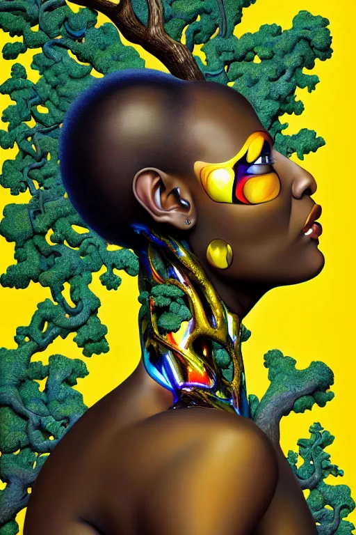 Prompt: hyperrealistic deconstructed super expressive! black woman with exoskeleton armor, merging with tree in a forest, highly detailed digital painting masterpiece smooth de lempicka hannah yata dramatic pearlescent blue yellow light ground angle hd 8k sharp focus