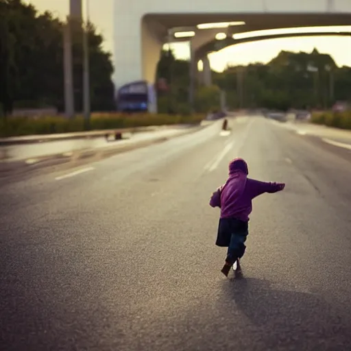 Prompt: a crying kid running down a busy highway