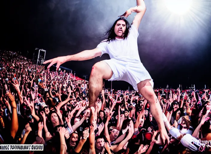 Image similar to photo still of andrew wk at the vans warped tour!!!!!!!! at age 3 6 years old 3 6 years of age!!!!!!!! stage diving into the crowd, 8 k, 8 5 mm f 1. 8, studio lighting, rim light, right side key light