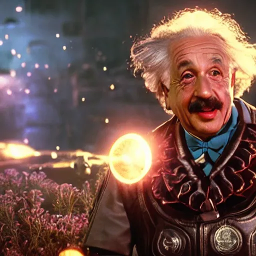 Image similar to ( ( albert einstein as willy wonka ) ) in gears of war, splash art, movie still, cinematic lighting, dramatic, octane render, long lens, shallow depth of field, bokeh, anamorphic lens flare, 8 k, hyper detailed, 3 5 mm film grain