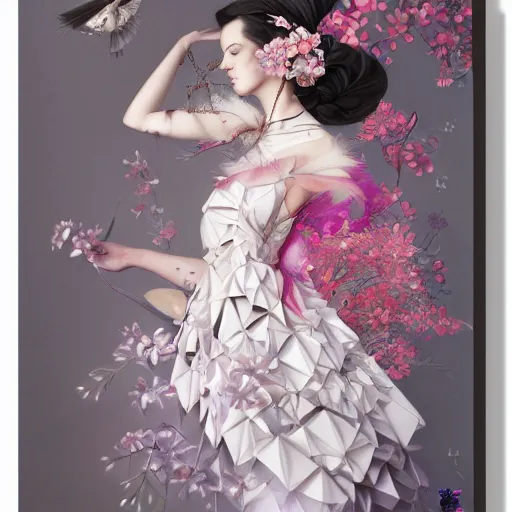 Image similar to 3 / 4 view of a beautiful girl wearing an origami dress, eye - level medium shot, fine floral ornaments in cloth and hair, hummingbirds, elegant, by eiko ishioka, givenchy, lisa frank, by peter mohrbacher, centered, fresh colors, origami, fashion, detailed illustration, vogue, high depth of field, japanese, reallusion character creator