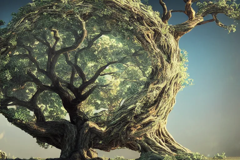 Image similar to soul tree of the earth, perfect symmetry, left side chaos, right side serenity, circular base surrounding grand tree, cinematic, intricate detail, small details, extra detail, high resolution, 3 d, volumetric lighting, octane render, 8 k, ultradetailed, photorealistic