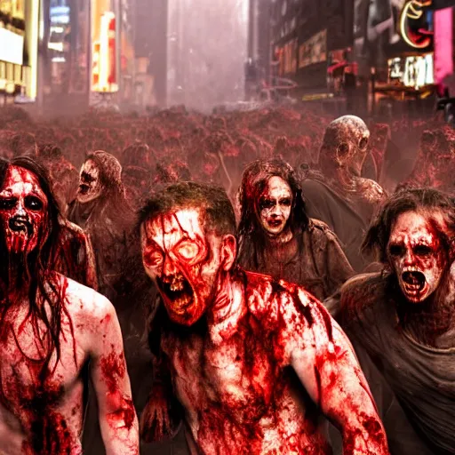 Prompt: a demonic zombie horde in new york city, 4k, high detail, high-resolution photograph, professional photography, ultra-detail
