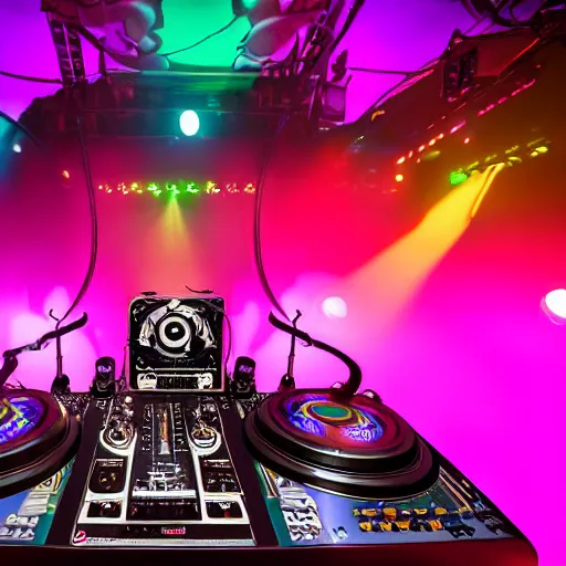 Prompt: award winning photo of an octopus dj with tentacles simultaneously placed turntables cdjs and knobs of a pioneer dj mixer. sharp, blue and fuschia colorful lighting, in front of a large crowd, studio, medium format, 8 k detail, volumetric lighting, wide angle, at an outdoor psytrance festival main stage at night