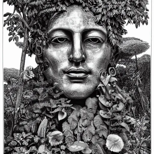 Prompt: botanical sketch of The thinker sculpture with a mechanical/cybernetic head, mushrooms and peyote/san pedro at the base, surrounded by a lush jungle and morning glory vines, high detail, b&w,