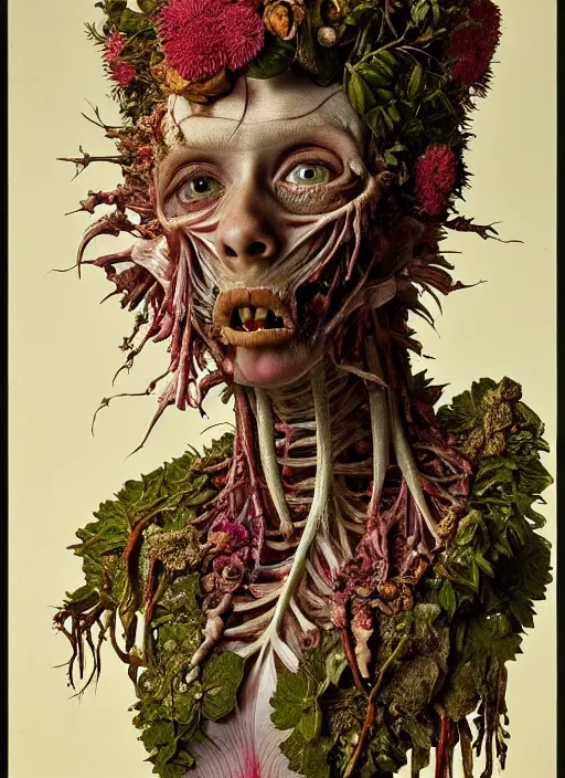 Image similar to beautiful and detailed rotten woman made of plants and many different types of flowers, muscles, intricate, organs, ornate, surreal, miguel angel, gustave courbet, caravaggio, romero ressendi, gunther von hagens