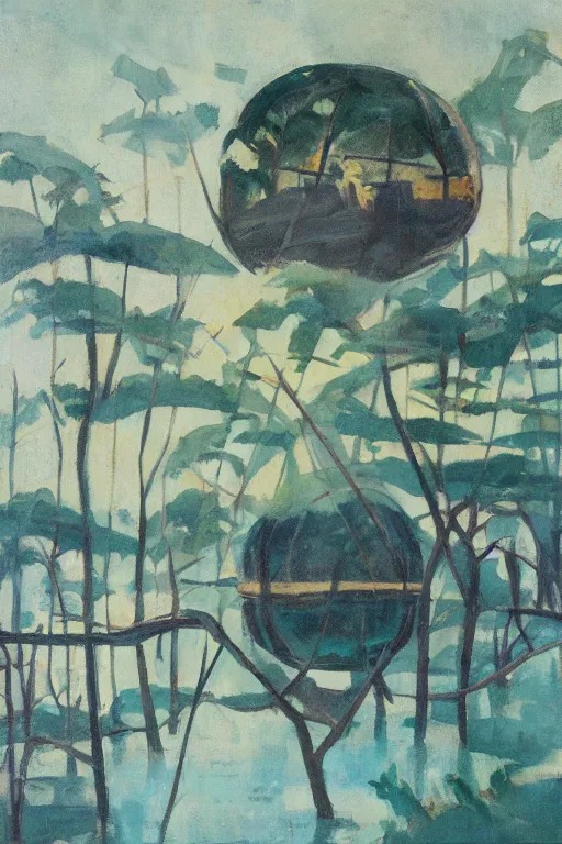 Image similar to spherical tree houses in flooded street ( ( ( ( painting by aaron douglas ) ) ) ) painting by alvar aalto