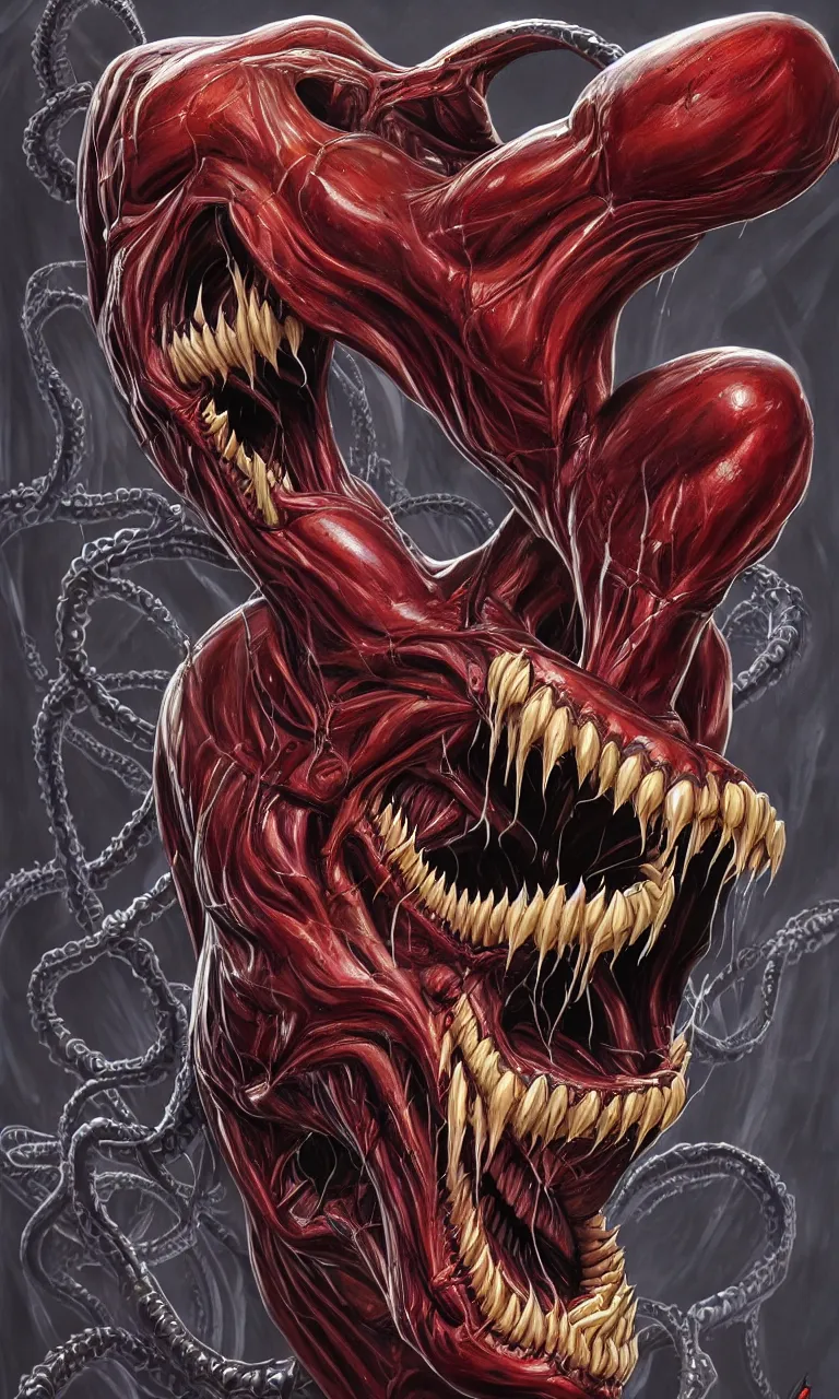 Image similar to hyper realistyc anatomically acurate full body long shot venom from marvel comics!!!!, large mouth with teeth, lovecraftian horror, fantasy, intricate, elegant, highly detailed, digital painting, artstation, concept art, matte, sharp focus, illustration, art by glenn fabry