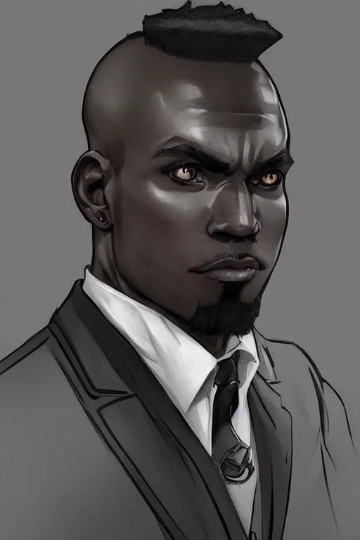 Image similar to detailed digital painting of handsome black man in corporate attire with short natural mohawk, fanart behance trending on artstation, concept art, matte, sharp focus, illustration, super hero pose, hearthstone, art by artgerm and greg rutkowski and alphonse mucha