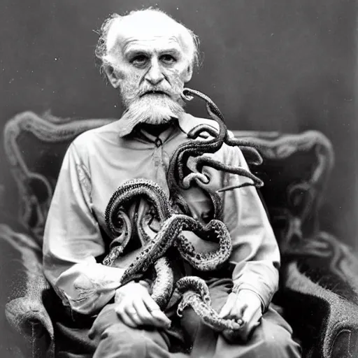 Image similar to spooky old man with an octopus on his lap, vintage photograph, atmospheric