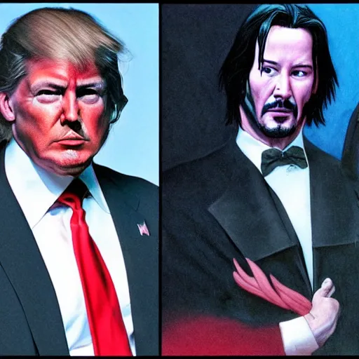 Image similar to keanu reeves dressed as trump by wayne barlowe