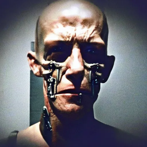 Image similar to grainy photo of an ugly cyborg criminal man, bionic implants, bionic implants, cyborg criminal
