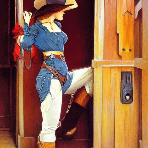 Image similar to painting of cowgirl leaning up against the door frame of saloon with one thumb hooked on belt loop art by artgerm and greg rutkowski and alphonse mucha