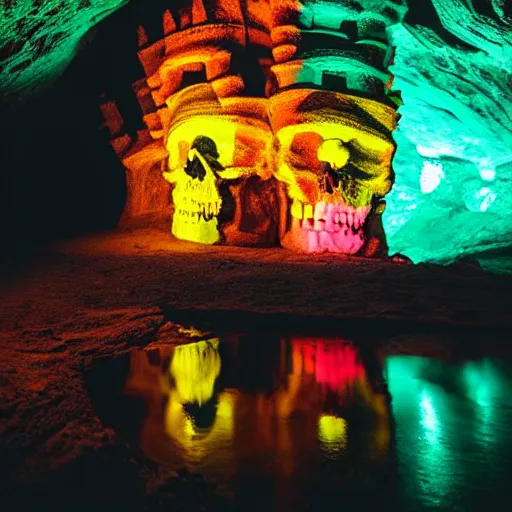 Prompt: colorful skull castle in a dark cave